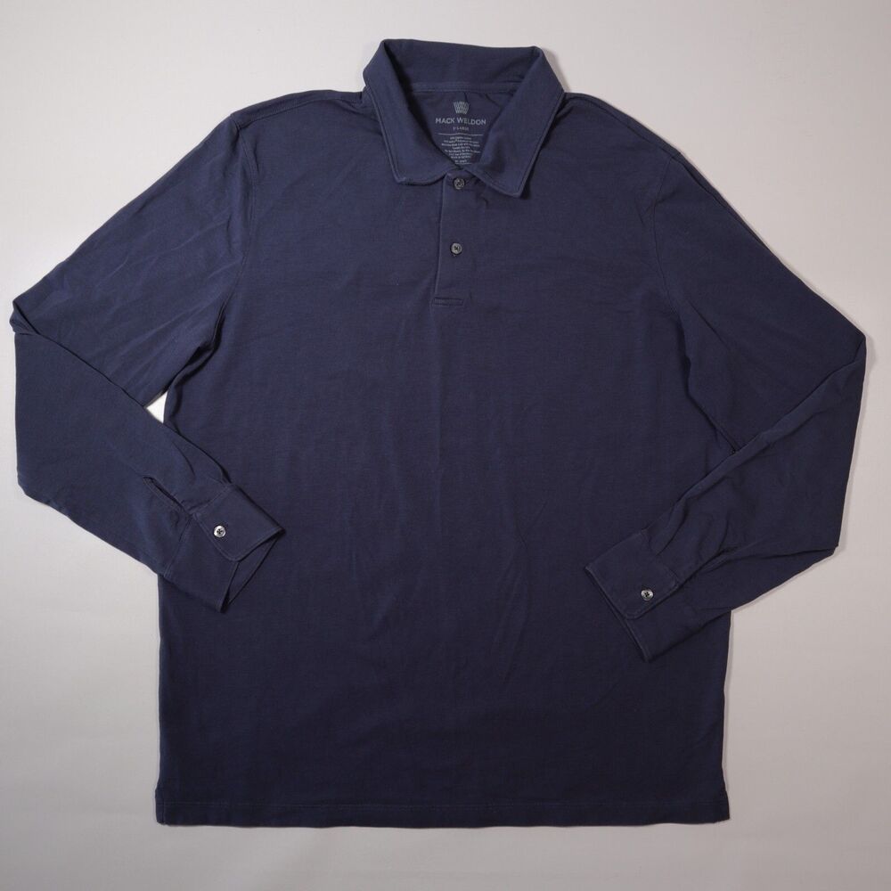 Mack Weldon Men's XL Long Sleeve Polo Shirt Ionic+ Silver Pima Cotton Blue